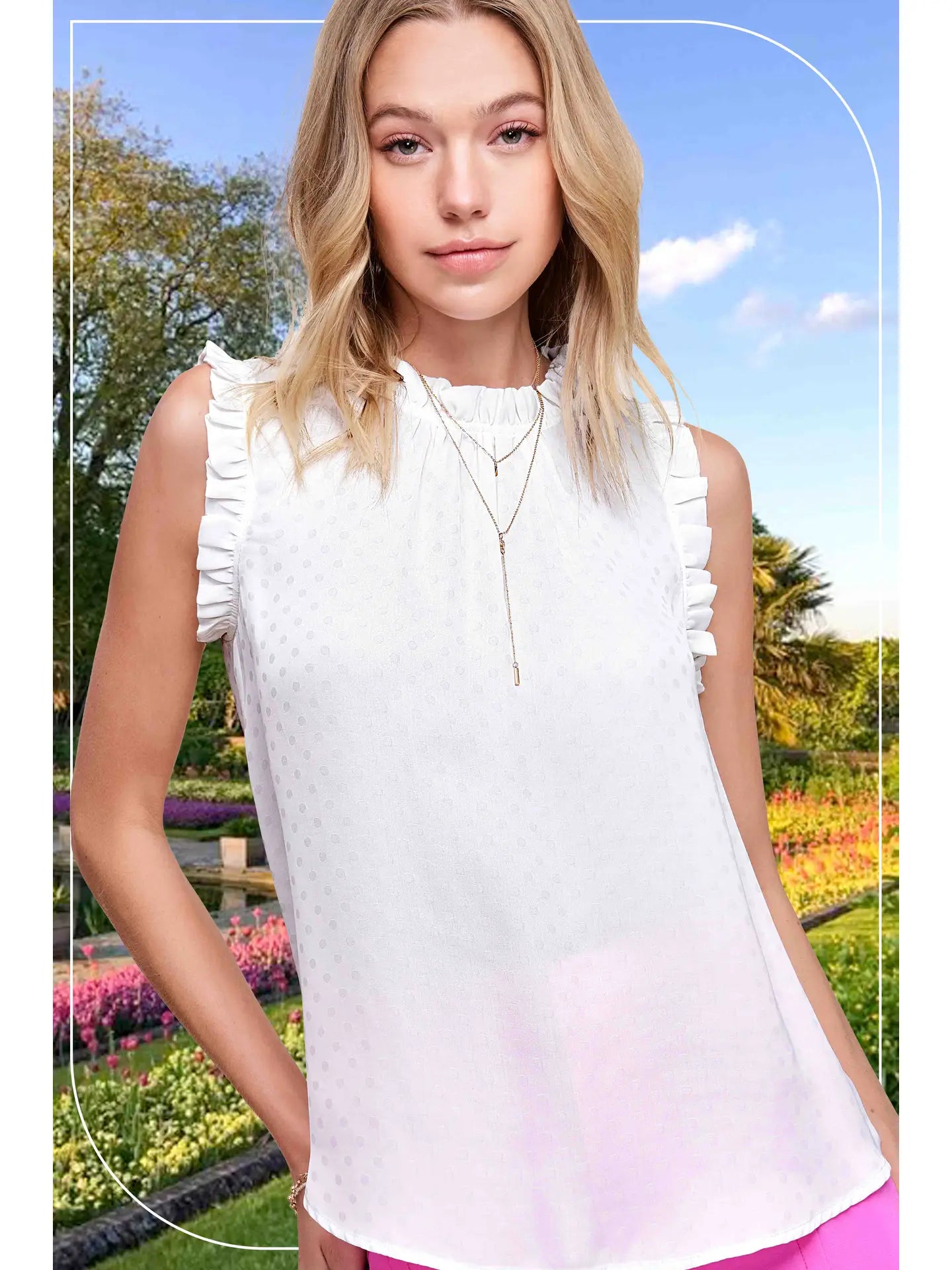 La Miel White Polka Dot Printed Ruffle Sleeveless Top {IN STOCK}