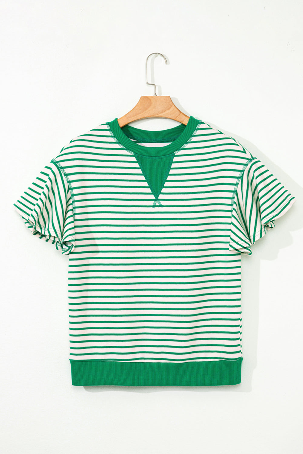 Boutique Bright Green Contrast Detail Striped Ruffle Short Sleeve Top [IN STOCK}