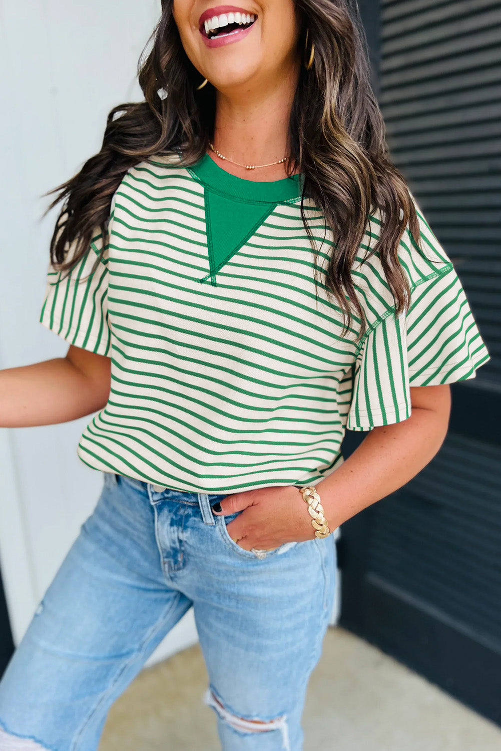 Boutique Bright Green Contrast Detail Striped Ruffle Short Sleeve Top [IN STOCK}