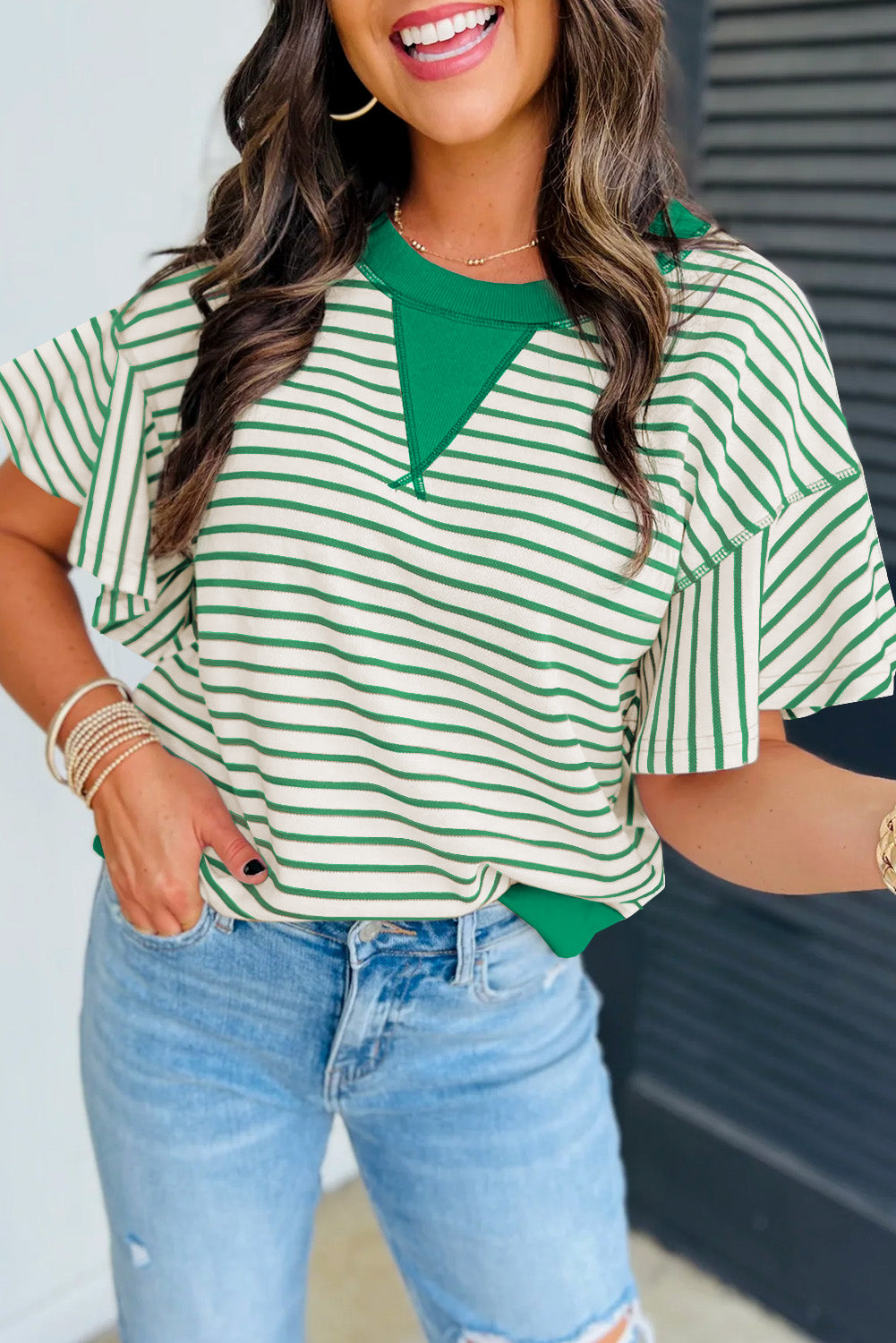 Boutique Bright Green Contrast Detail Striped Ruffle Short Sleeve Top [IN STOCK}