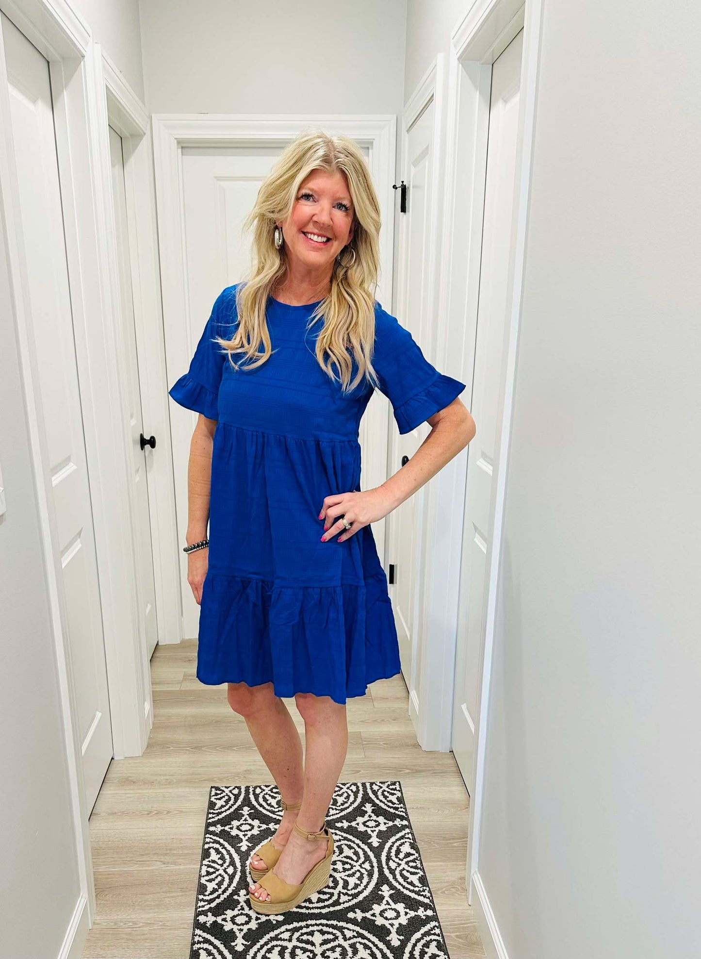 Lovesoft Women Ruffle Sleeve A Line Tiered Flowy Casual Trendy Mini Dress-Royal Blue
