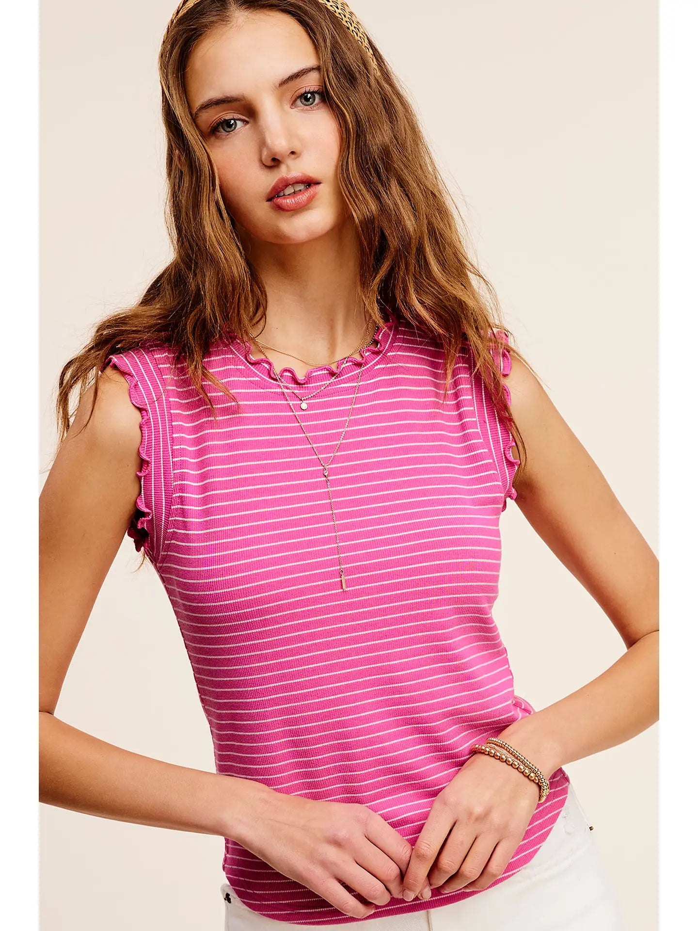 La Miel Pink Stretchy Brushed Ruffle Sleeve Stripe Tank Top [IN STOCK}