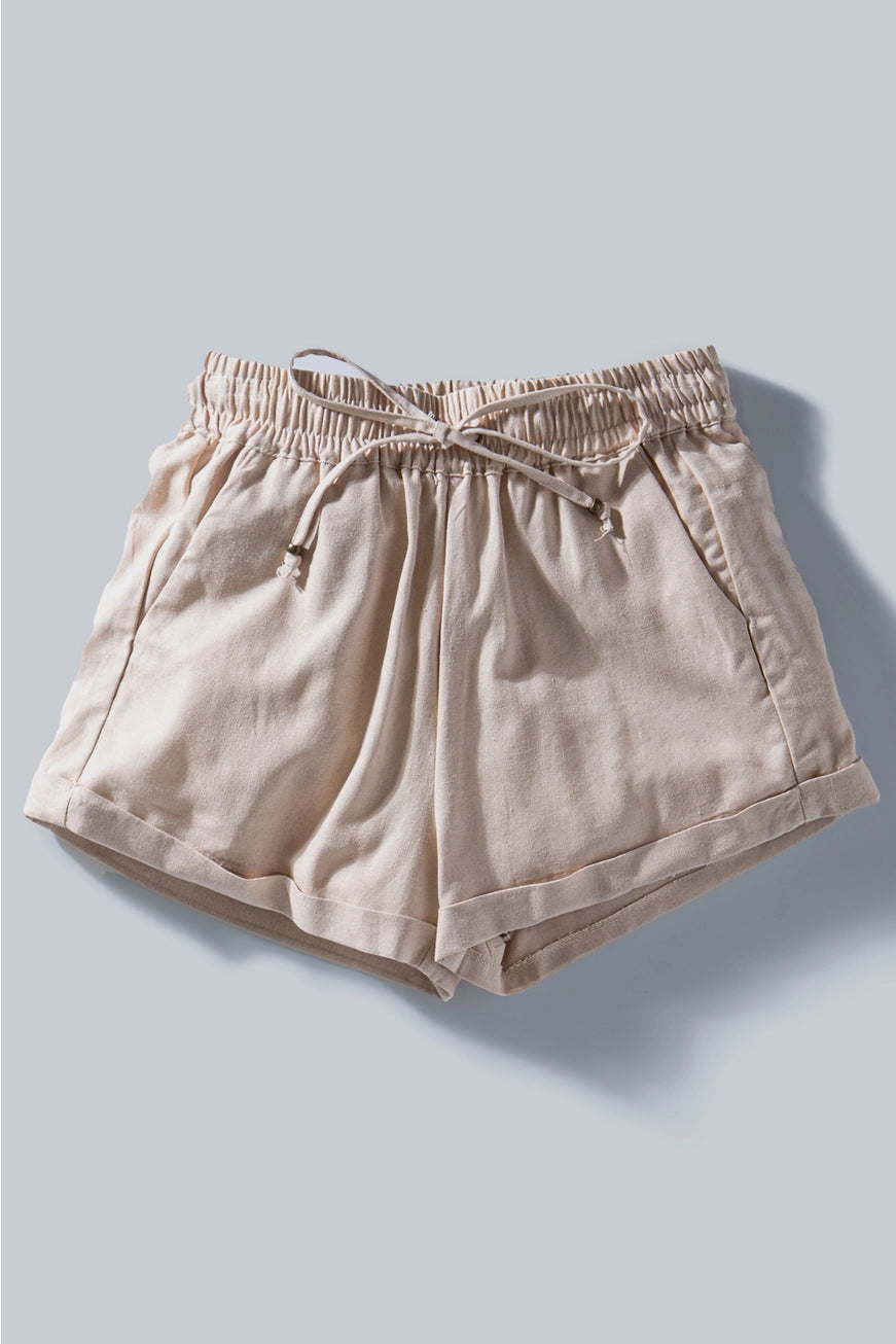 Urban Daizy Viscose Linen Blend Drawstring Shorts-Khaki {IN STOCK}