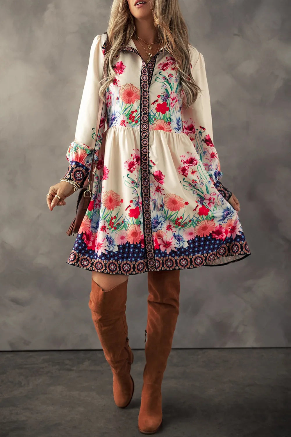 White Printed Tribal Bracelet Sleeve Buttoned Mini Dress