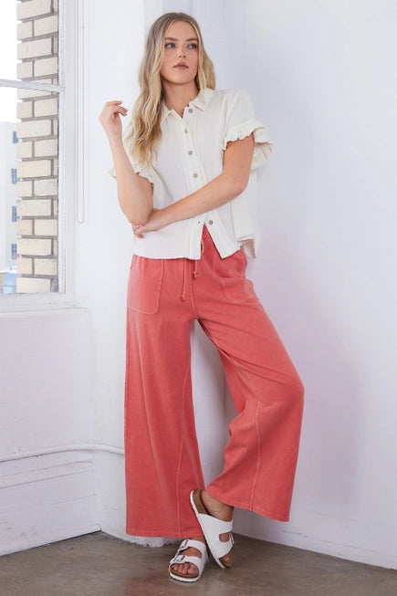 MITTOSHO Mineral Wash French Terry Wide Leg Pants (FUSHION CORAL)