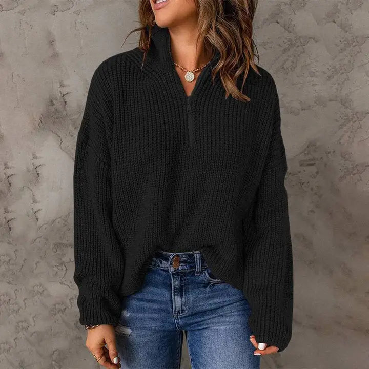 Chicto Zipper Turtleneck Women's Sweater (BLACK)