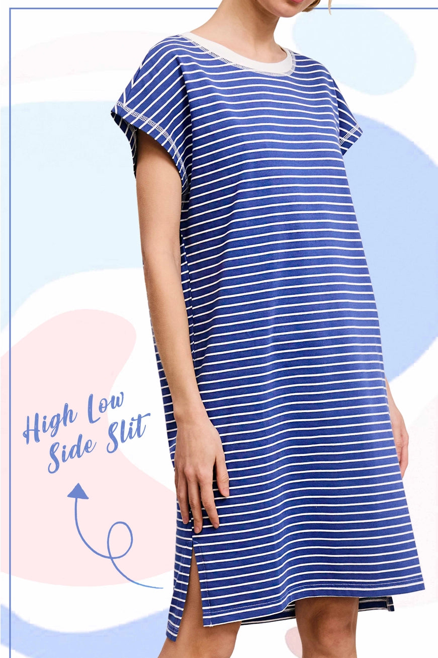 La Miel Boutique High Low Side Slit Striped T-Shirt Dress (IN STOCK)