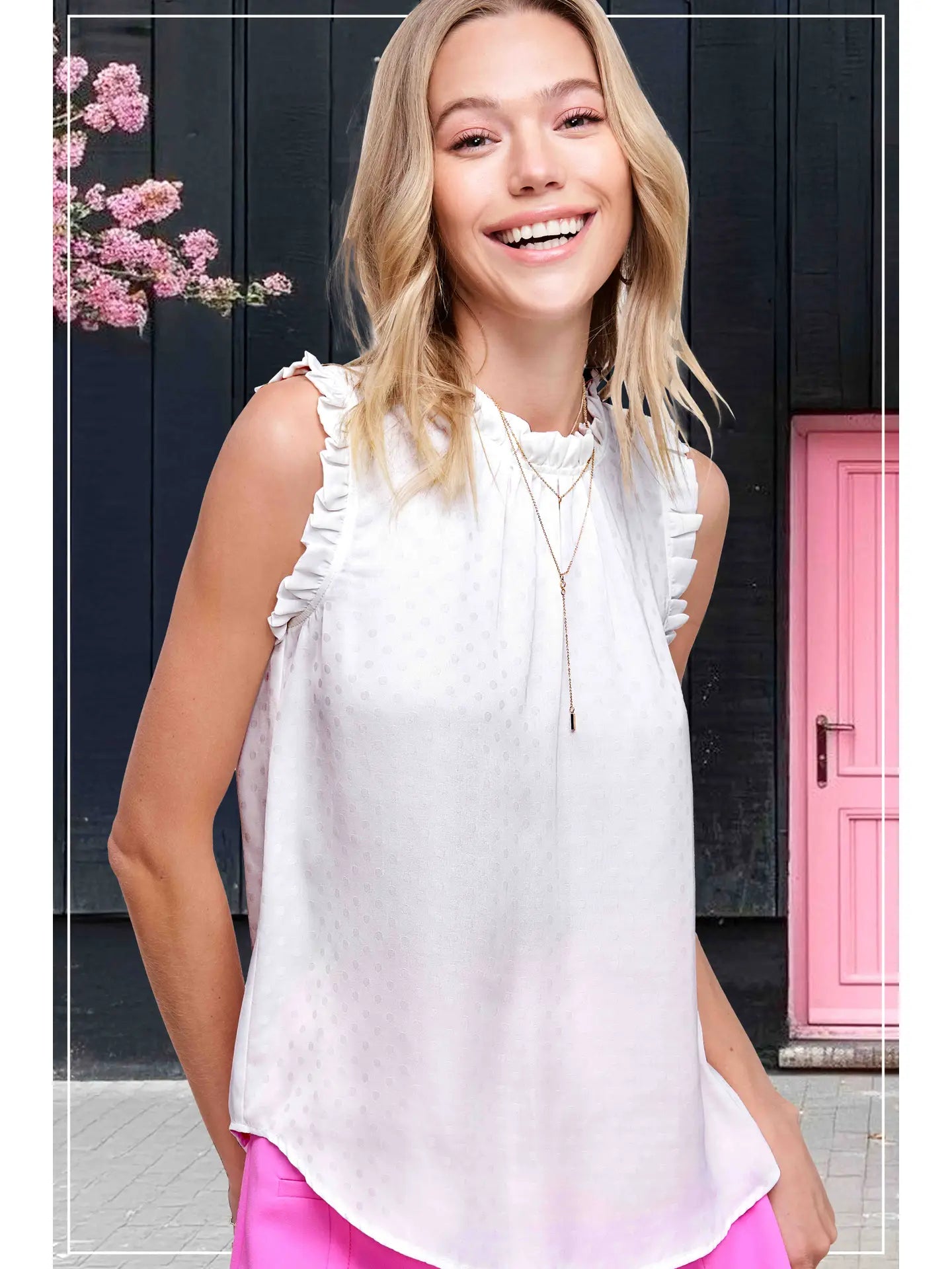 La Miel White Polka Dot Printed Ruffle Sleeveless Top {IN STOCK}
