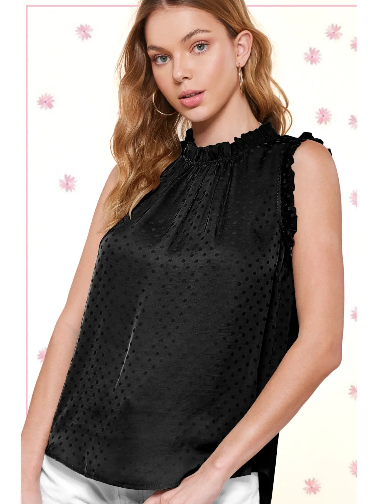 La Miel Black Polka Dot Printed Ruffle Sleeveless Top {IN STOCK }
