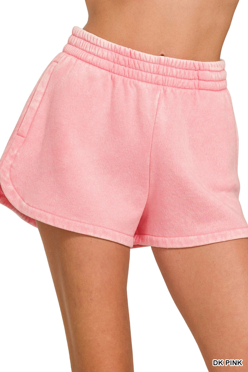 Zenana Boutique Acid Wash Elastic Waistband Fleece Shorts -Pink {IN STOCK}