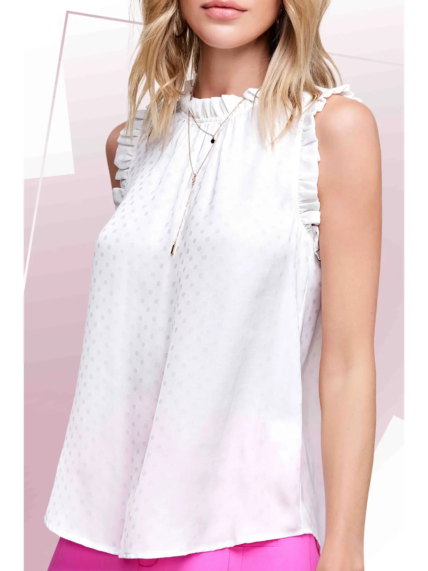 La Miel White Polka Dot Printed Ruffle Sleeveless Top {IN STOCK}