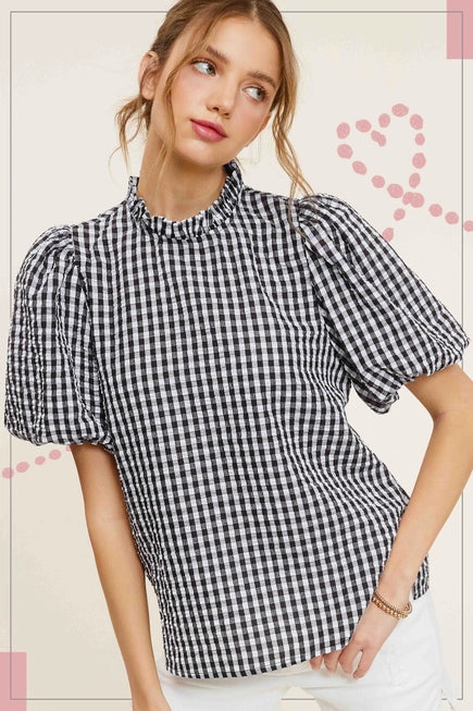 La Miel Gingham Check Print Lovely Puff Short Sleeve Top (BLACK)