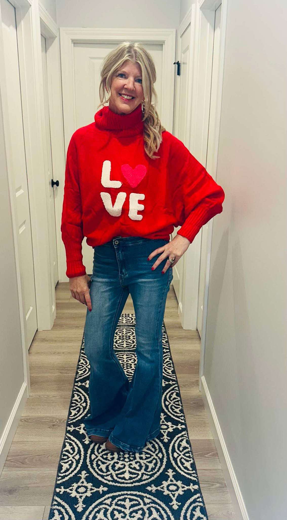 Racing Red Valentine LOVE Letter Embroidered High Neck Sweater