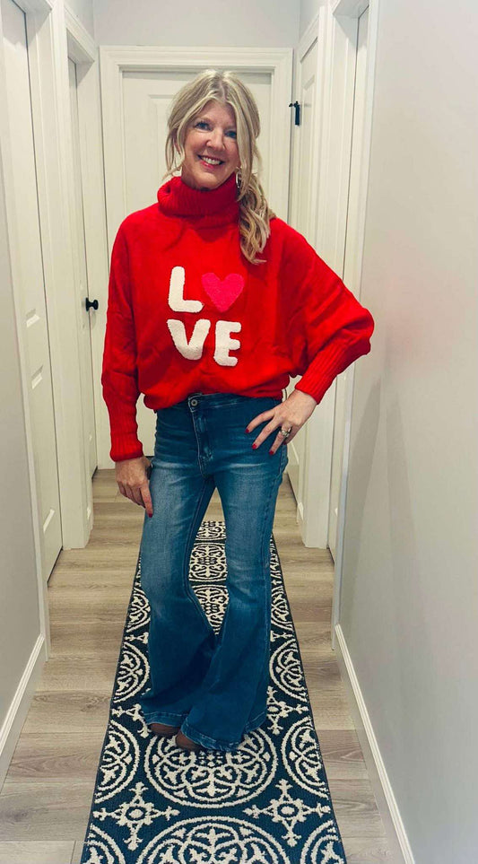 Racing Red Valentine LOVE Letter Embroidered High Neck Sweater