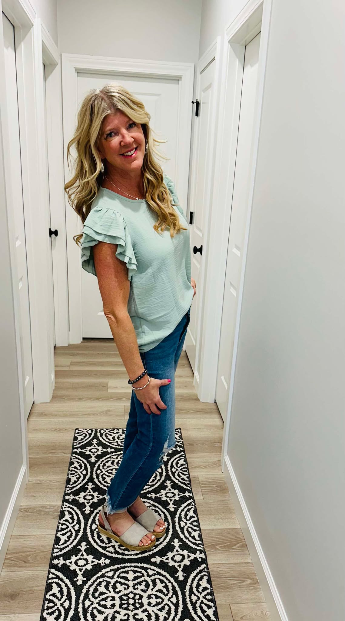 Clearly Aqua Solid Color Ruffled Short Sleeve Casual Blouse