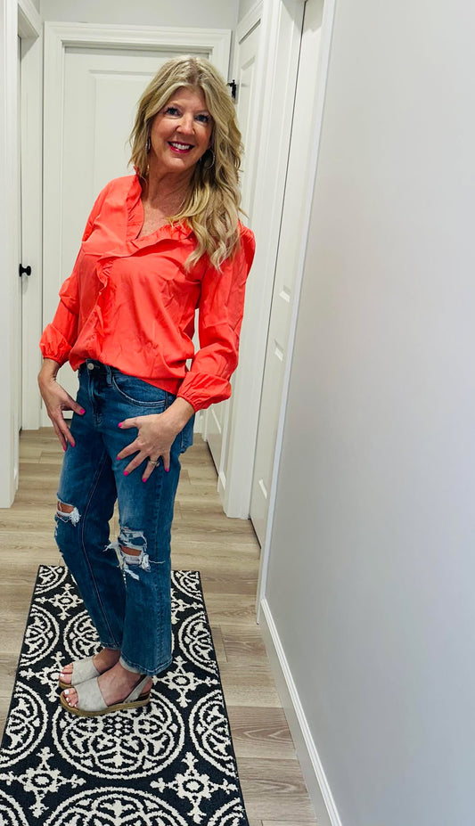 lilyandlaceboutique Puff Sleeves Falbala Solid Color V-Neck Blouses {Coral}