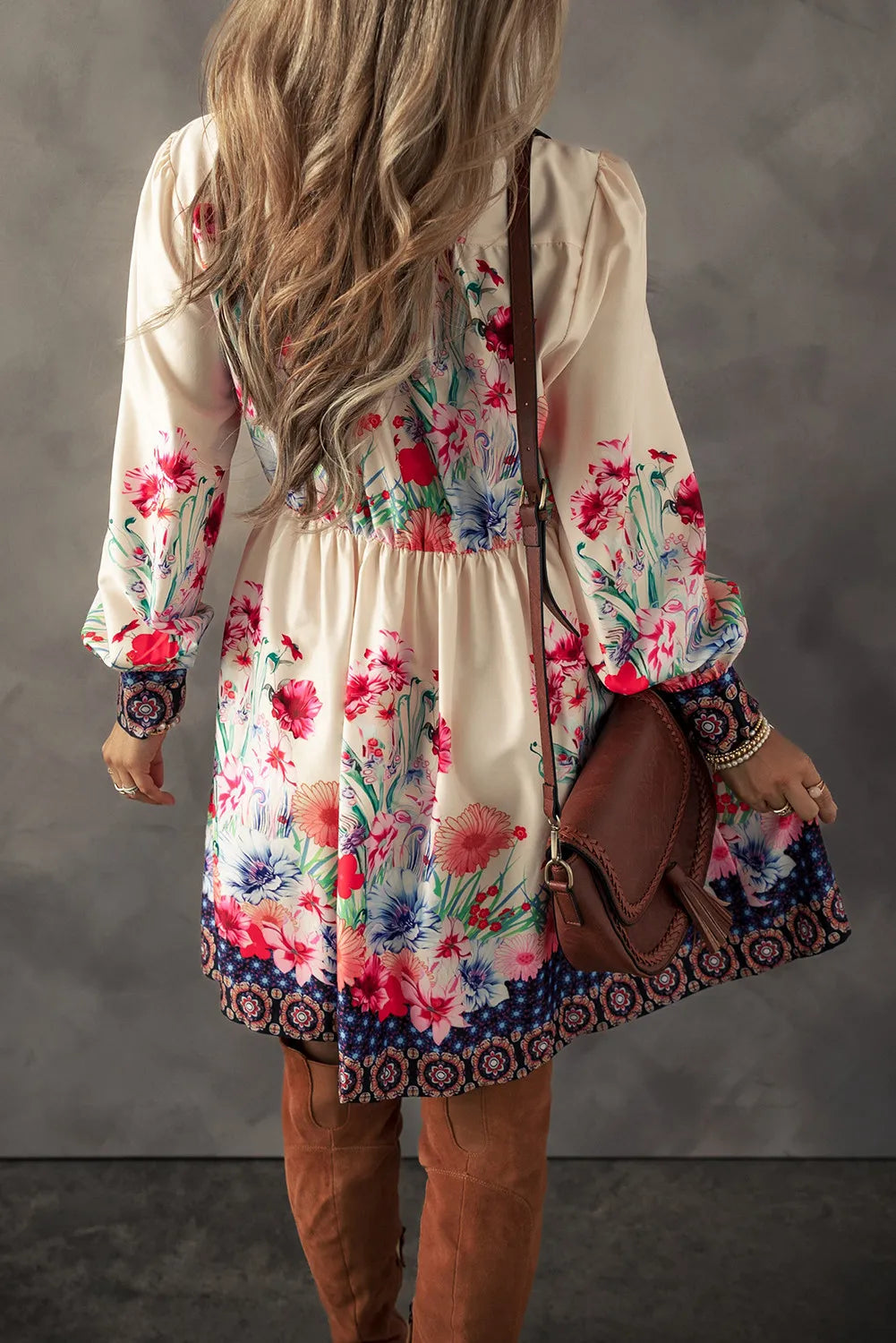 White Printed Tribal Bracelet Sleeve Buttoned Mini Dress