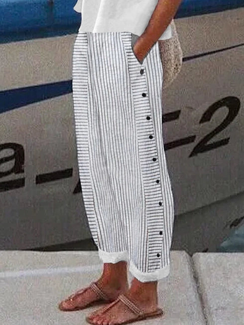 Grey Loose Buttoned Pockets Striped Pants Trousers