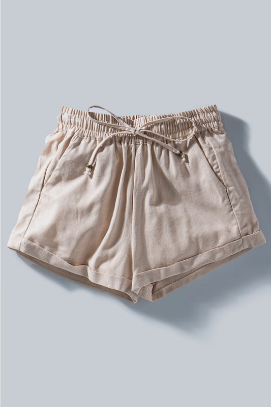 Urban Daizy Viscose Linen Blend Drawstring Shorts-Khaki {IN STOCK}