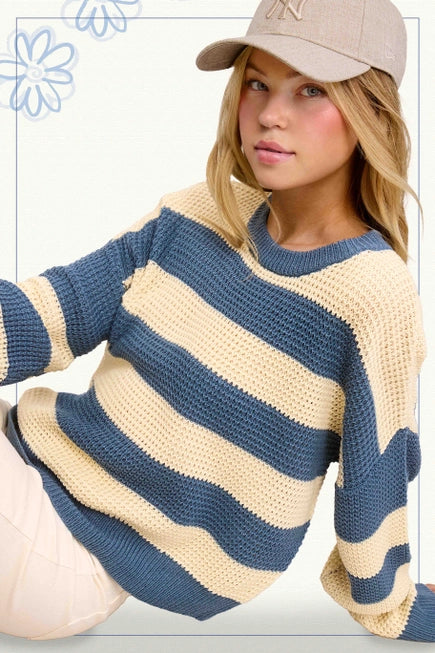 La Miel Loose Fit Striped Round Neck Long Sleeve Sweater