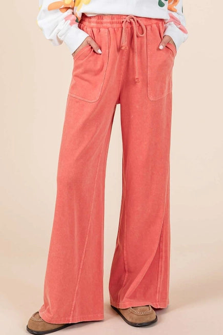 MITTOSHO Mineral Wash French Terry Wide Leg Pants (FUSHION CORAL)