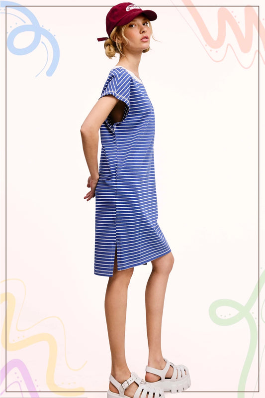 La Miel Boutique High Low Side Slit Striped T-Shirt Dress (IN STOCK)
